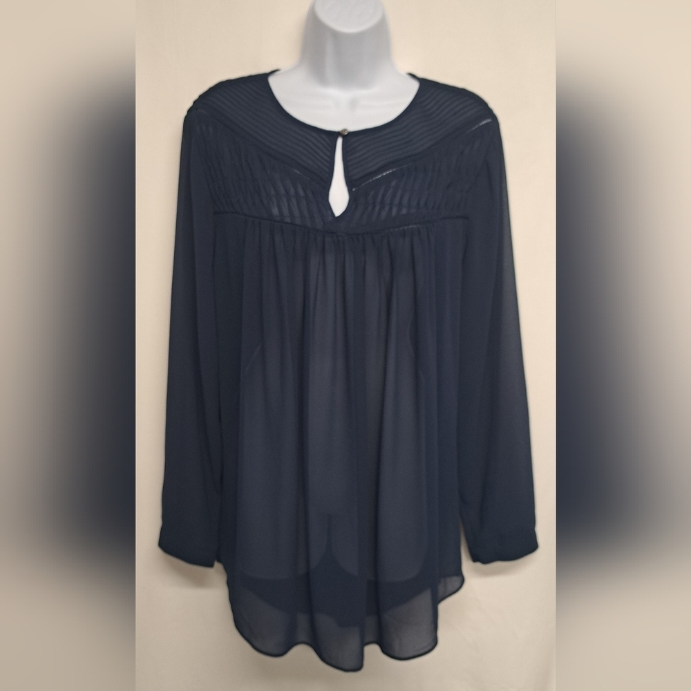 Chico's 2 Black Label Smocked Top Woven Blue Sheer Long Sleeve Button Closure